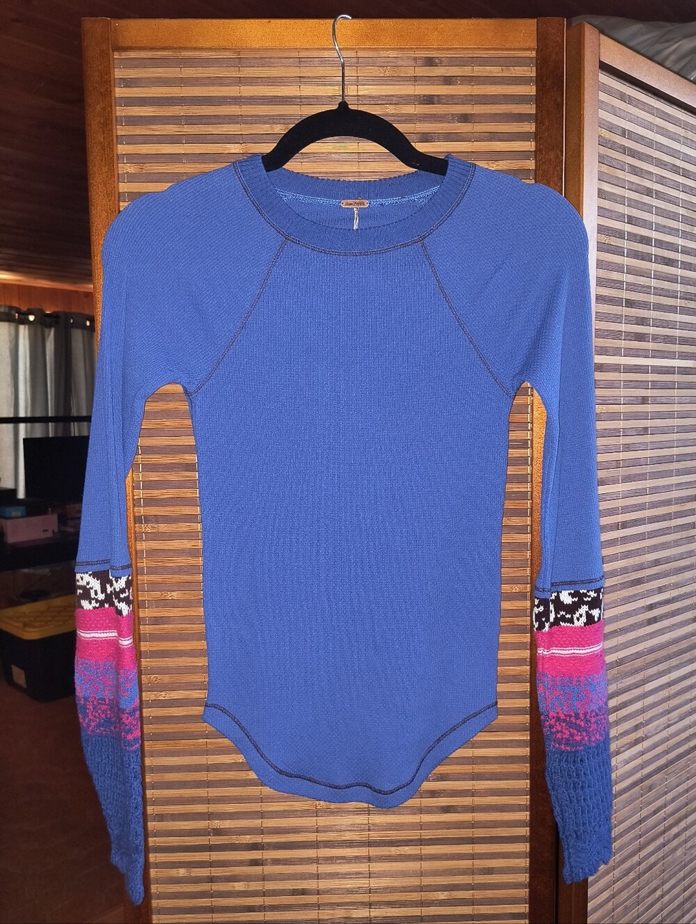 Free People Super Nova Blue Waffle Thermal Top with Multicolor Patterned Sleeves